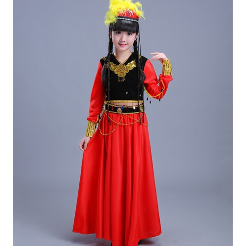 Girls chinese folk dance costumes xinjiang minority Kazakh national style clothing Uygur Hui performance dress